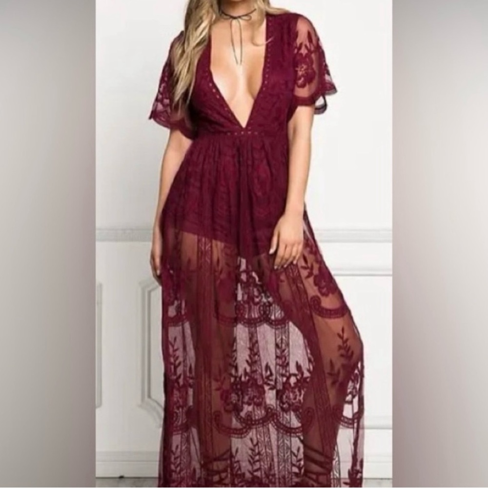 Sheer Lace Maxi Dress in Burgundy